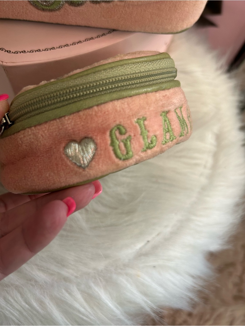 Vintage Juicy Couture Pink Velour Green Logo Train Case Matching Jewelry Case - Picture 10 of 13